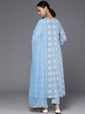 Printed Empire Mirror Work Pure Cotton Kurta with Trousers & Dupatta 7