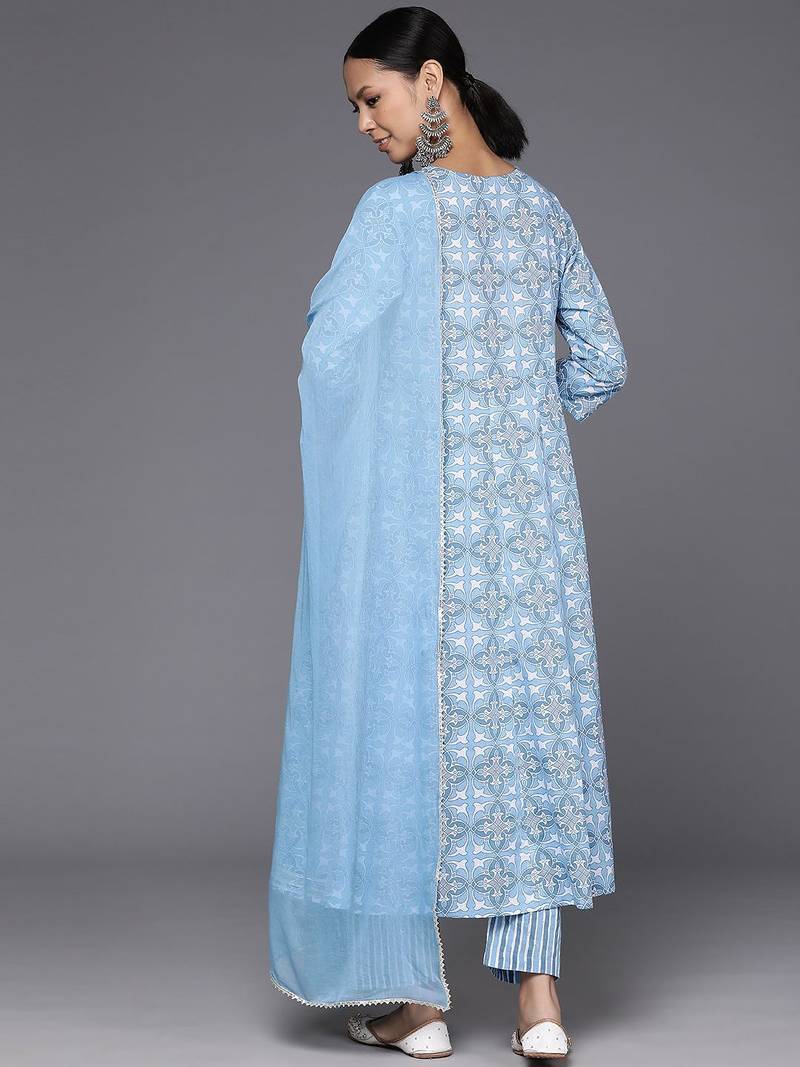 Printed Empire Mirror Work Pure Cotton Kurta with Trousers & Dupatta