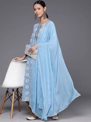 Printed Empire Mirror Work Pure Cotton Kurta with Trousers & Dupatta 8