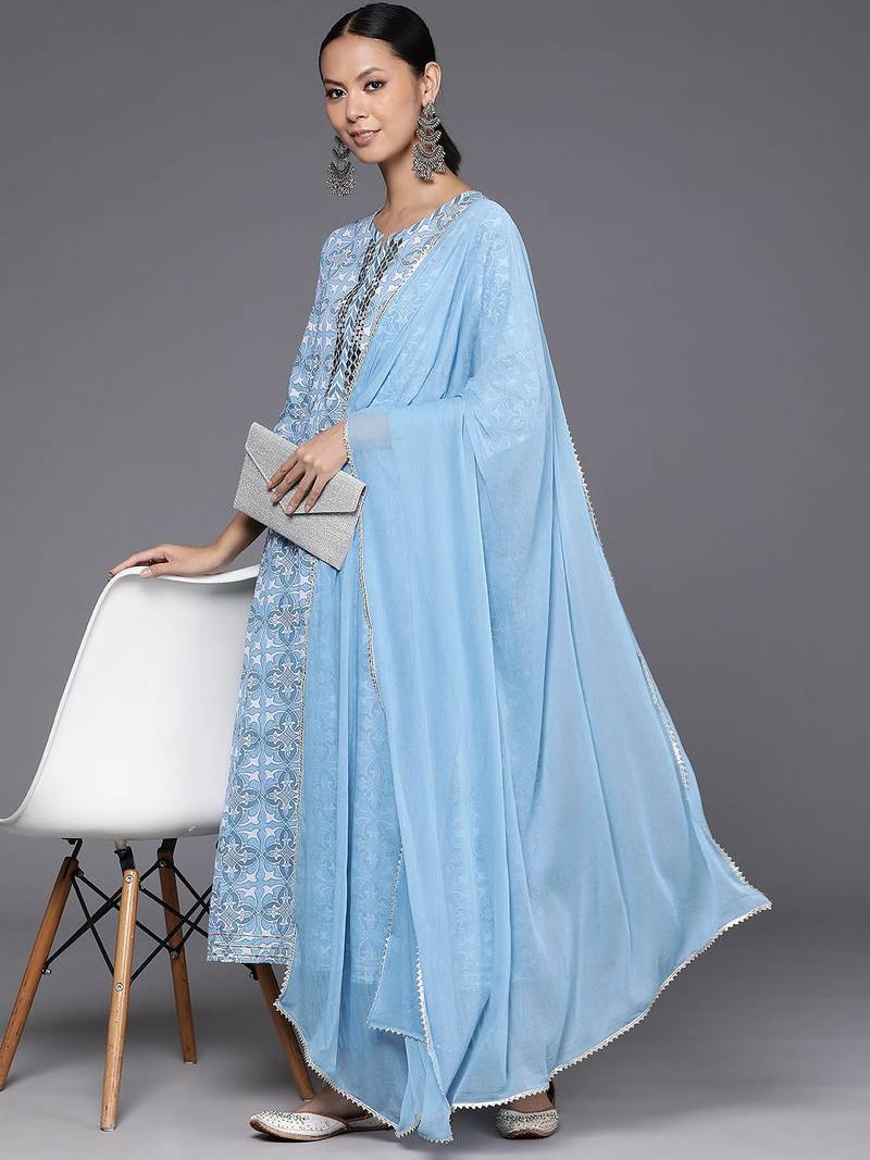 Printed Empire Mirror Work Pure Cotton Kurta with Trousers & Dupatta