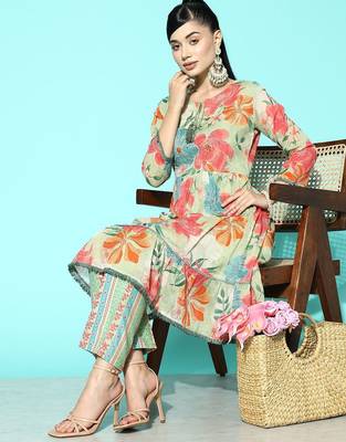 Women Sea Green Floral Printed Sequinned Pure Cotton Kurta with Trousers 1