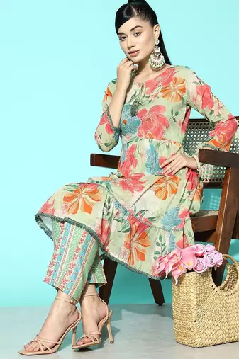 Women Sea Green Floral Printed Sequinned Pure Cotton Kurta with Trousers
