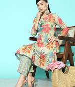 Women Sea Green Floral Printed Sequinned Pure Cotton Kurta with Trousers