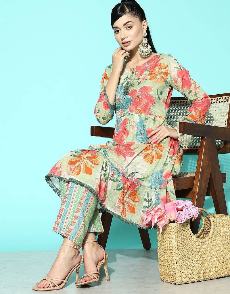 Women Sea Green Floral Printed Sequinned Pure Cotton Kurta with Trousers