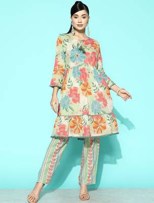 Women Sea Green Floral Printed Sequinned Pure Cotton Kurta with Trousers 2
