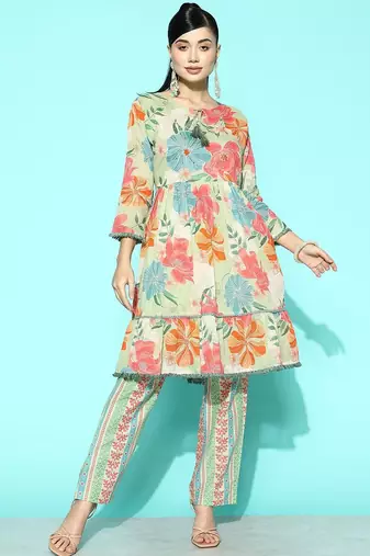 Women Sea Green Floral Printed Sequinned Pure Cotton Kurta with Trousers