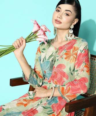 Women Sea Green Floral Printed Sequinned Pure Cotton Kurta with Trousers 3