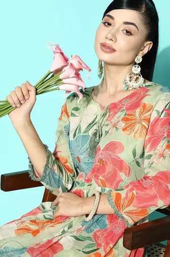 Women Sea Green Floral Printed Sequinned Pure Cotton Kurta with Trousers