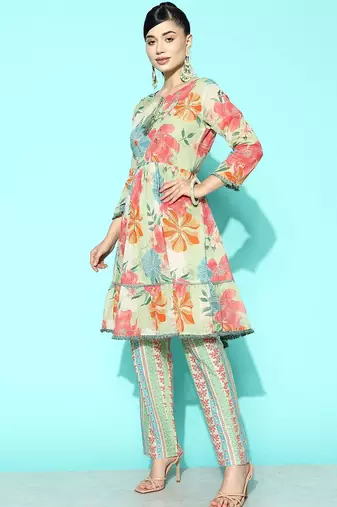 Women Sea Green Floral Printed Sequinned Pure Cotton Kurta with Trousers