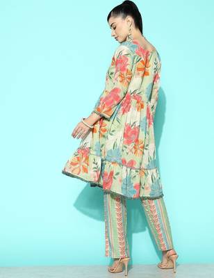 Women Sea Green Floral Printed Sequinned Pure Cotton Kurta with Trousers 5