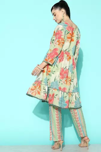 Women Sea Green Floral Printed Sequinned Pure Cotton Kurta with Trousers