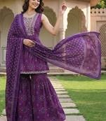 Women Ethnic Motifs Printed Empire Thread Work Pure Cotton Kurta with Sharara & With Dupatta