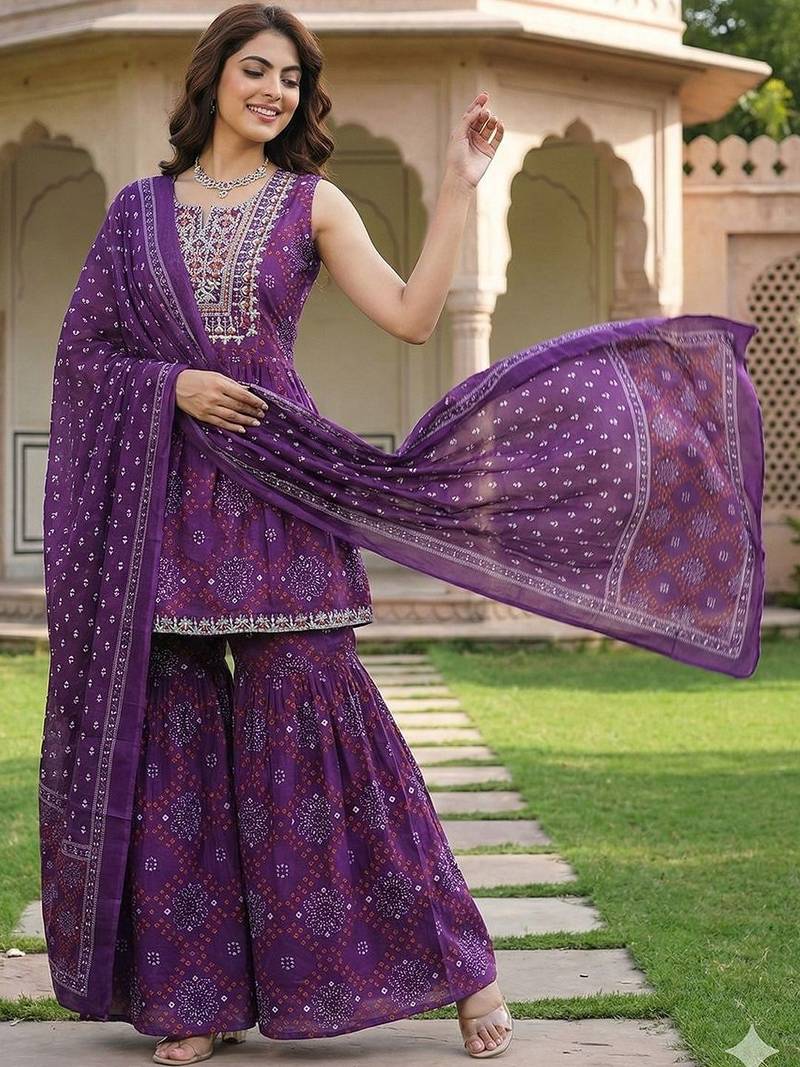 Women Ethnic Motifs Printed Empire Thread Work Pure Cotton Kurta with Sharara & With Dupatta
