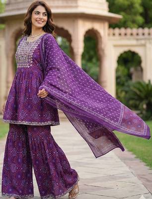 Women Ethnic Motifs Printed Empire Thread Work Pure Cotton Kurta with Sharara & With Dupatta 3