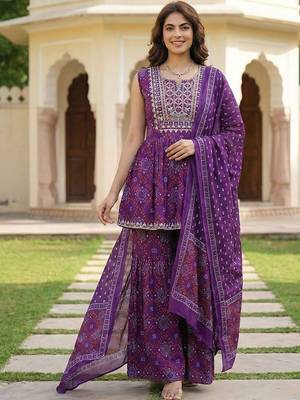 Women Ethnic Motifs Printed Empire Thread Work Pure Cotton Kurta with Sharara & With Dupatta 4