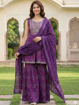 Women Ethnic Motifs Printed Empire Thread Work Pure Cotton Kurta with Sharara & With Dupatta 5