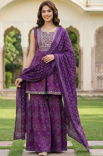 Women Ethnic Motifs Printed Empire Thread Work Pure Cotton Kurta with Sharara & With Dupatta