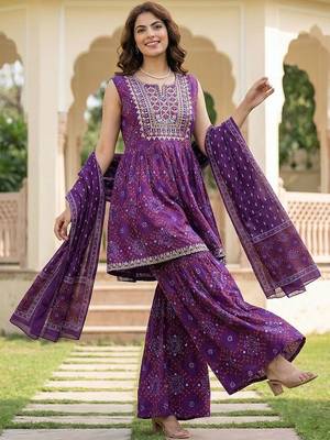 Women Ethnic Motifs Printed Empire Thread Work Pure Cotton Kurta with Sharara & With Dupatta 7