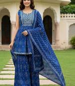 Women Ethnic Motifs Printed Empire Thread Work Pure Cotton Kurta with Sharara & With Dupatta