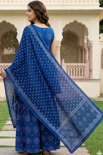 Women Ethnic Motifs Printed Empire Thread Work Pure Cotton Kurta with Sharara & With Dupatta
