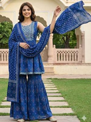 Women Ethnic Motifs Printed Empire Thread Work Pure Cotton Kurta with Sharara & With Dupatta 6