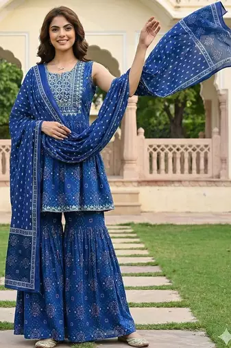 Women Ethnic Motifs Printed Empire Thread Work Pure Cotton Kurta with Sharara & With Dupatta