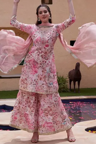Women Floral Printed Regular Mirror Work Kurta with Sharara & Dupatta