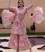Women Floral Printed Regular Mirror Work Kurta with Sharara & Dupatta