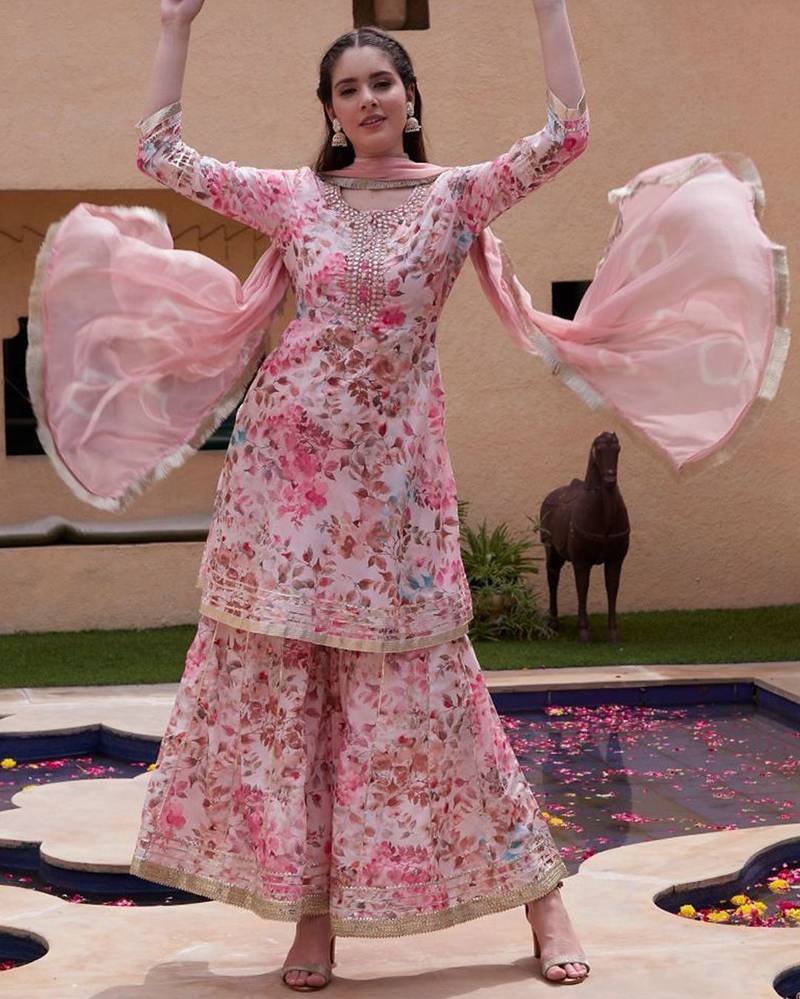 Women Floral Printed Regular Mirror Work Kurta with Sharara & Dupatta