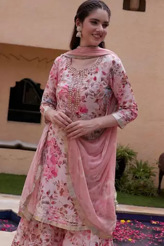 Women Floral Printed Regular Mirror Work Kurta with Sharara & Dupatta