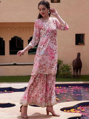 Women Floral Printed Regular Mirror Work Kurta with Sharara & Dupatta 3