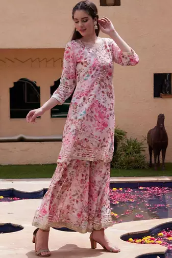 Women Floral Printed Regular Mirror Work Kurta with Sharara & Dupatta