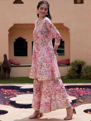 Women Floral Printed Regular Mirror Work Kurta with Sharara & Dupatta 4