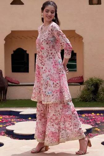 Women Floral Printed Regular Mirror Work Kurta with Sharara & Dupatta