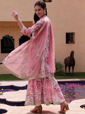 Women Floral Printed Regular Mirror Work Kurta with Sharara & Dupatta 5