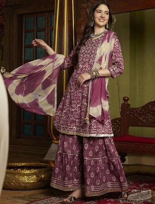 Floral Printed Mirror Work Pure Cotton A-Line Kurta With Sharara & Dupatta 1