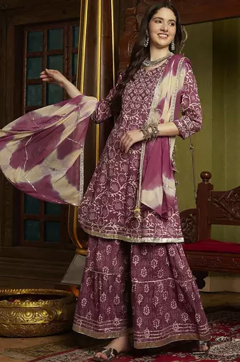 Floral Printed Mirror Work Pure Cotton A-Line Kurta With Sharara & Dupatta