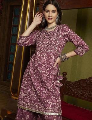 Floral Printed Mirror Work Pure Cotton A-Line Kurta With Sharara & Dupatta 2