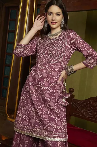 Floral Printed Mirror Work Pure Cotton A-Line Kurta With Sharara & Dupatta