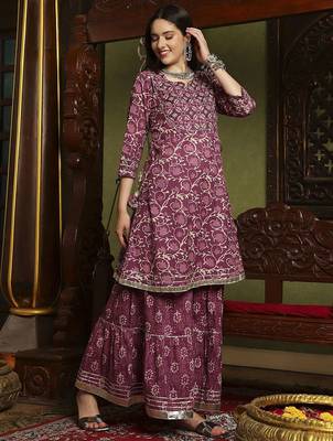 Floral Printed Mirror Work Pure Cotton A-Line Kurta With Sharara & Dupatta 4