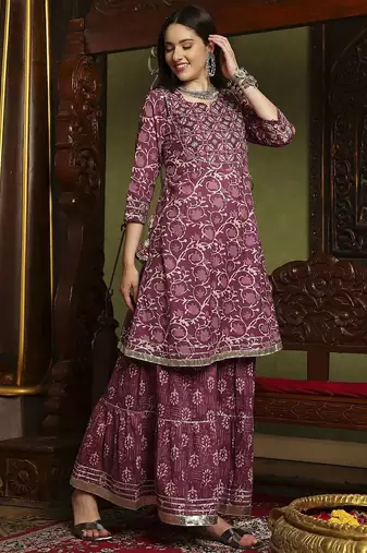Floral Printed Mirror Work Pure Cotton A-Line Kurta With Sharara & Dupatta