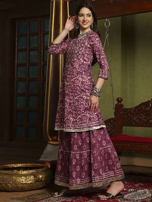 Floral Printed Mirror Work Pure Cotton A-Line Kurta With Sharara & Dupatta 5