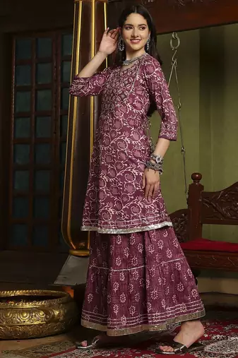 Floral Printed Mirror Work Pure Cotton A-Line Kurta With Sharara & Dupatta