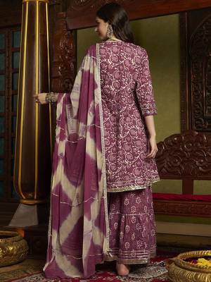 Floral Printed Mirror Work Pure Cotton A-Line Kurta With Sharara & Dupatta 6