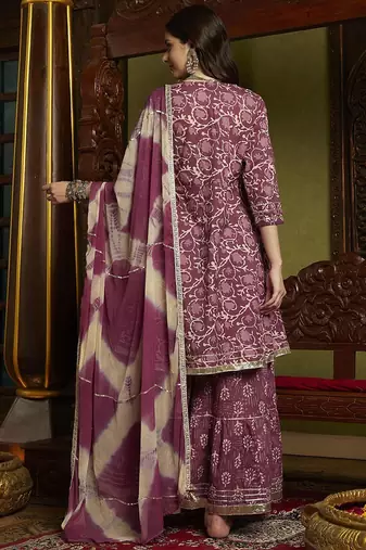 Floral Printed Mirror Work Pure Cotton A-Line Kurta With Sharara & Dupatta