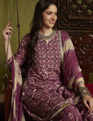 Floral Printed Mirror Work Pure Cotton A-Line Kurta With Sharara & Dupatta 7