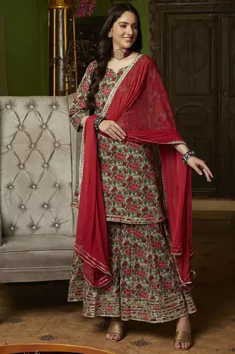 Women Floral Embroidered Empire Pure Cotton Kurta with Trousers & Dupatta
