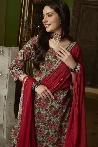 Women Floral Embroidered Empire Pure Cotton Kurta with Trousers & Dupatta