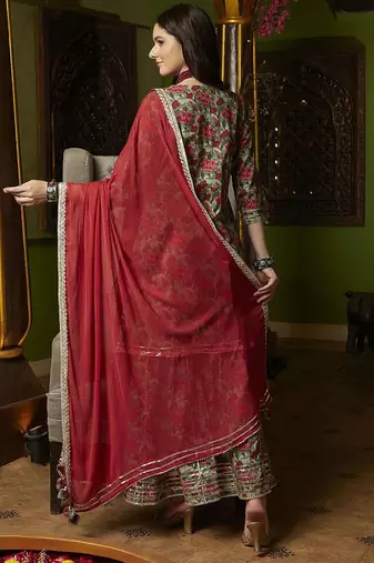 Women Floral Embroidered Empire Pure Cotton Kurta with Trousers & Dupatta