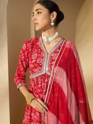 Women Printed Empire Mirror Work Pure Cotton Kurta with Sharara & With Dupatta 2